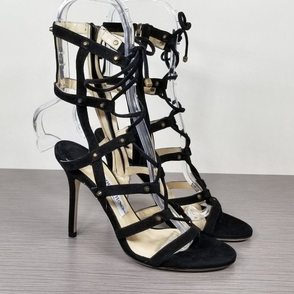 Jimmy Choo Meddle Cage Gladiator Sandal, Black Suede, Womens Size 7.5 / 37.5 - Picture 1 of 12